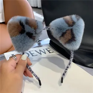 Schattige blauwe luipaardprint konijnenbont kattenoren hoofdband voor gezichtswassen