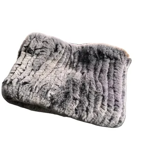 Thick warm real rabbit fur infinity scarf with elastic mesh and grey white textures