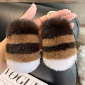 Handmade Striped Real Rex Rabbit Fur Tail Keychain For Women Car Keys Cute Plush Pendant Fashion Bag Charm Decoration Gift