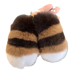 Plush striped rabbit fur keychain pendant with golden metal ring for bags and keys