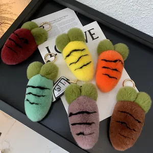 Plush carrot keychains in six colors with soft fur texture and golden metal rings