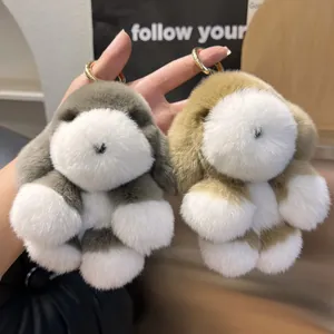 Mignon Porte-clés en Peluche de Chiot Lapin en Fourrure de Rex Pendentif Doux Animal pour Clés de Voiture Femme Sac à Dos Décoratif