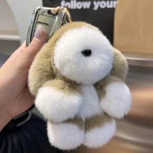 Porte-clés mignon lapin en peluche douce avec fourrure brune et anneau doré chic