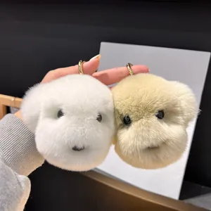 Détails de porte-clés chien en fourrure de lapin rex douce en blanc et beige clair