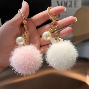 Cute faux mink fur bunny pompom keychain with imitation pearl and gold metal ring