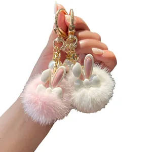 Cute mink fur bunny keychain with plush pom-pom and gold metal ring for bags