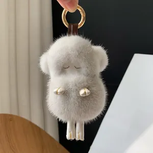 Cute mink fur sheep keychain plush pendant with golden ring for bags and car keys