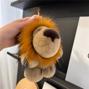 Porte-clés lion mignon en fourrure de lapin véritable pour sacs et voitures