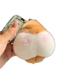 Simpatico portachiavi a forma di sedere di corgi in morbido peluche con anello oro