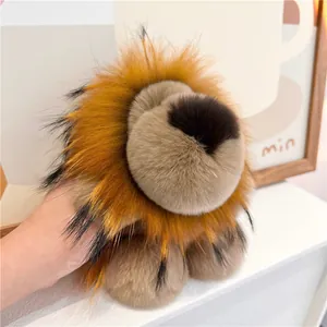 Porte-clés en Peluche de Lion Mignon Véritable Fourrure de Lapin Rex et Chien Viverrin Poupée Animale Souple Ornement de Sac Cadeau