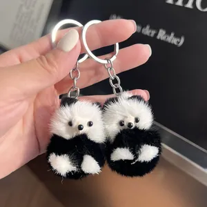 Porte-clés Panda en Véritable Fourrure de Vison Mignon Animal en Peluche Bijou de Sac Anneau de Clé en Métal Cadeau pour Femmes Filles Enfants