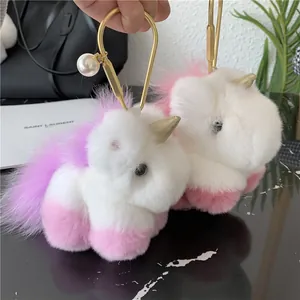 Cute plush unicorn keychain with gold hook and pearl detail for handbag accessory