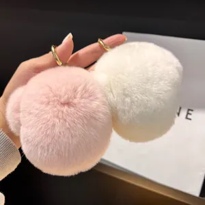 Porte-clés chien en fourrure de lapin rose et blanc avec anneaux dorés mignons