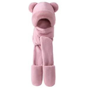 Pink 3-in-1 plush hood scarf glove set with bear ears for thick winter warmth
