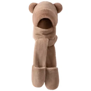 Winter 3-in-1 set with plush bear ear hood, long scarf and thick gloves in light brown