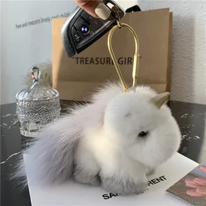 Cute Plush Unicorn Keychain Angora Rex Rabbit Fur Bag Charm Pony Doll Golden Metal Ring Pendant For Women Girls Birthday Gift