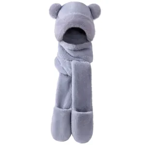 Women Winter Faux Rabbit Fur Integrated Hat Scarf And Gloves Bear Ears Thick Plush Warm Hooded Scarf With Hand Pockets