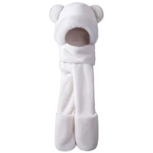 Close-up of white plush 3-in-1 hat scarf gloves set with cute bear ears and soft fur texture