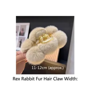 Detail shot of a large beige rex rabbit fur hair claw clip showing 11-12cm width size