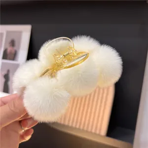 Women Korean Rex Rabbit Fur Ball Hair Claw Large Plush Shark Clip Elegant Autumn Winter Furry Hair Accessories For Daily Home