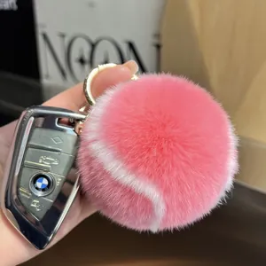 Porte-clés en peluche de lapin rose style balle de tennis pour sac et voiture