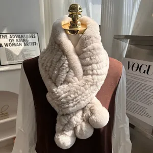Luxury Faux Rex Rabbit Fur Woven Scarf For Women Thickened Warm Neck Warmer With Pom Pom Winter Elegant Solid Color Soft Scarf