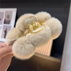 Plush faux rabbit fur hair claw clip in beige, large autumn winter shark clip for women