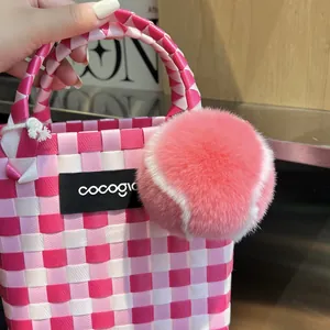 Mignon Porte-Clés Balle de Tennis Rose Blanc en Fourrure de Lapin Rex Véritable Boule de Peluche Pendentif de Sac Cadeau