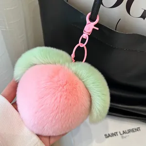 Cute Peach Plush Keychain Faux Fur Fruit Bag Charm Pink Green Soft Key Ring Decoration For Women Girls Birthday Gift