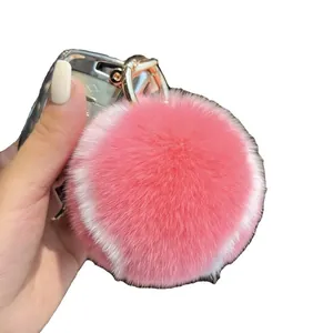 Porte-clés de tennis en fourrure de lapin rex rose et blanc avec anneau en métal doré