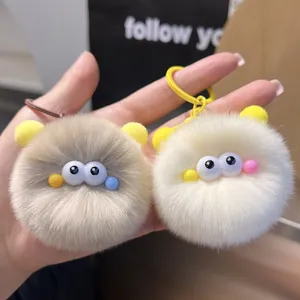 Cute Rex Rabbit Fur Monster Keychain Soft Plush Ball Bag Charm With Big Eyes Kawaii Pom Pom For Car Keys Backpack Decor