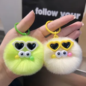 Cute Rex Rabbit Fur Coal Ball Keychain Heart Sunglasses Large Eyes Monster Plush Ball Bag Pendant Car Keyring Gift