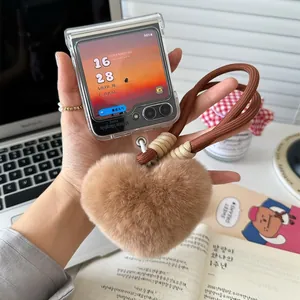 Brown faux fur heart charm and braided lanyard for Galaxy Z Flip series phone case