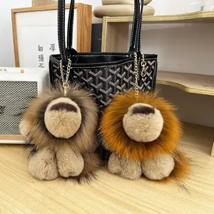 Mignon Charme de Sac Lion en Peluche Fourrure de Lapin Rex Véritable Porte-clés pour Femme Pendentif Animal Moelleux Décoration