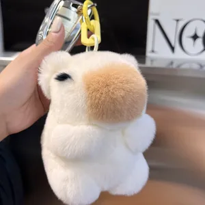Handgehaltener Plüsch-Capybara-Schlüsselanhänger aus echtem Kaninchenfell für Autoschlüssel