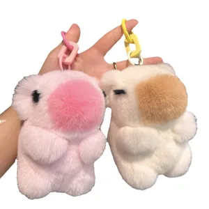 Süßer Capybara-Plüsch-Schlüsselanhänger aus Kaninchenfell in Pink und Creme für Taschen