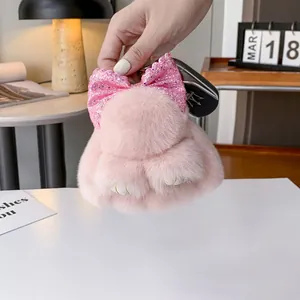 Portachiavi con coniglio in peluche rosa con fiocco di paillettes per borse