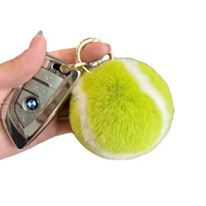 Faux rabbit fur tennis ball keychain with gold spring ring for bags and car keys