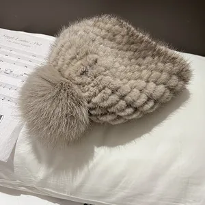 Winter khaki knitted faux mink fur hat with large pom-pom for kids warm fashion