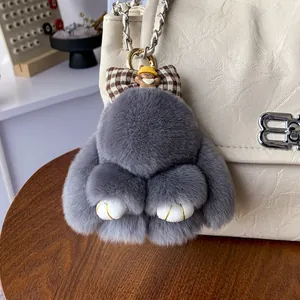 Cute grey faux fur bunny keychain with plaid bow and bear charm for bags
