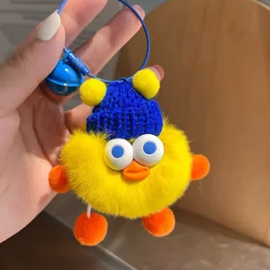 Plüsch Ente Schlüsselanhänger mit blauer Strickmütze und Glocke für Taschen und Autos
