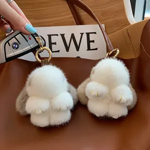 Cute Mink Fur Plush Rabbit Bag Charm With Gold Metal Ring Rhinestone Foot Details Fashion Bunny Keychain For Women Handbag Accessories