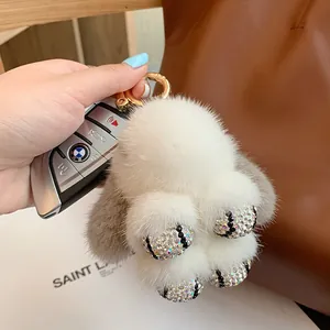 Plush mink fur rabbit keychain with sparkling rhinestone paws for handbags or car keys