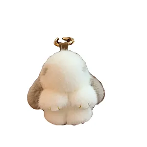 Fluffy mink fur bunny charm with gray ears and golden keychain for handbags