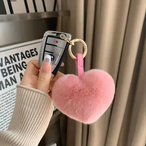 Cute Heart Faux Fur Keychain Plush Bag Pendant With PU Leather Strap Gold Metal Ring For Women Schoolbag Accessories Gift