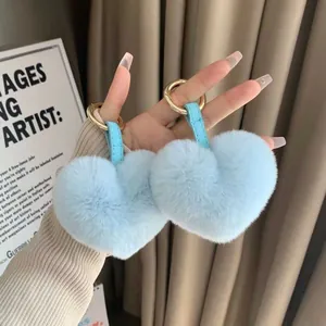 Light blue faux rex rabbit fur heart keychain with leather strap and golden clasp
