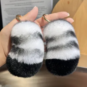 Cute fluffy rabbit fur tiger tail keychain charm with striped plush ball and gold ring