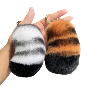 Cute striped rabbit fur tiger tail keychain for bags with golden metal ring