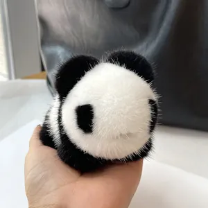 Cute panda faux mink fur keychain pendant for handbags with soft black and white plush