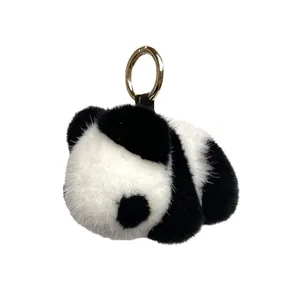 Cute panda faux fur plush keychain with golden metal clasp for bags and car keys